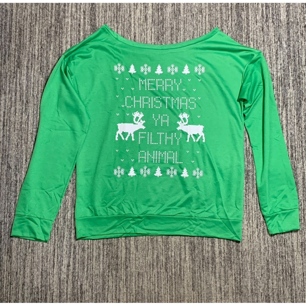 Christmas Sweatshirt‎ Merry Christmas Ya Filthy Animal Green Womens Size S